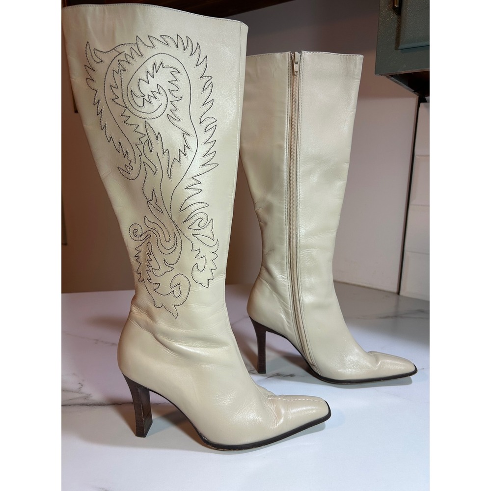 VintageCream Leather Knee High Boots Square Toe Embroidered Scroll Heel Womens 7